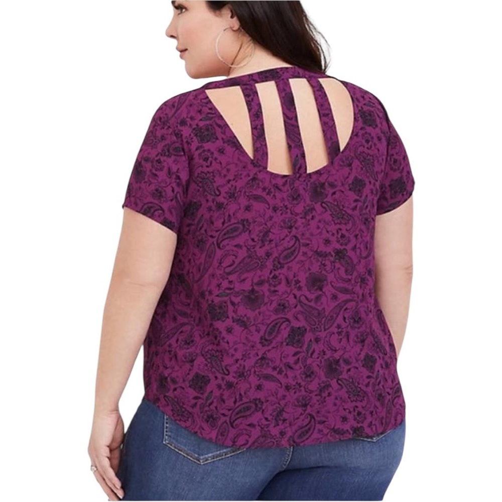 Torrid Georgette Abbey purple print top with cage back size 0-large/12